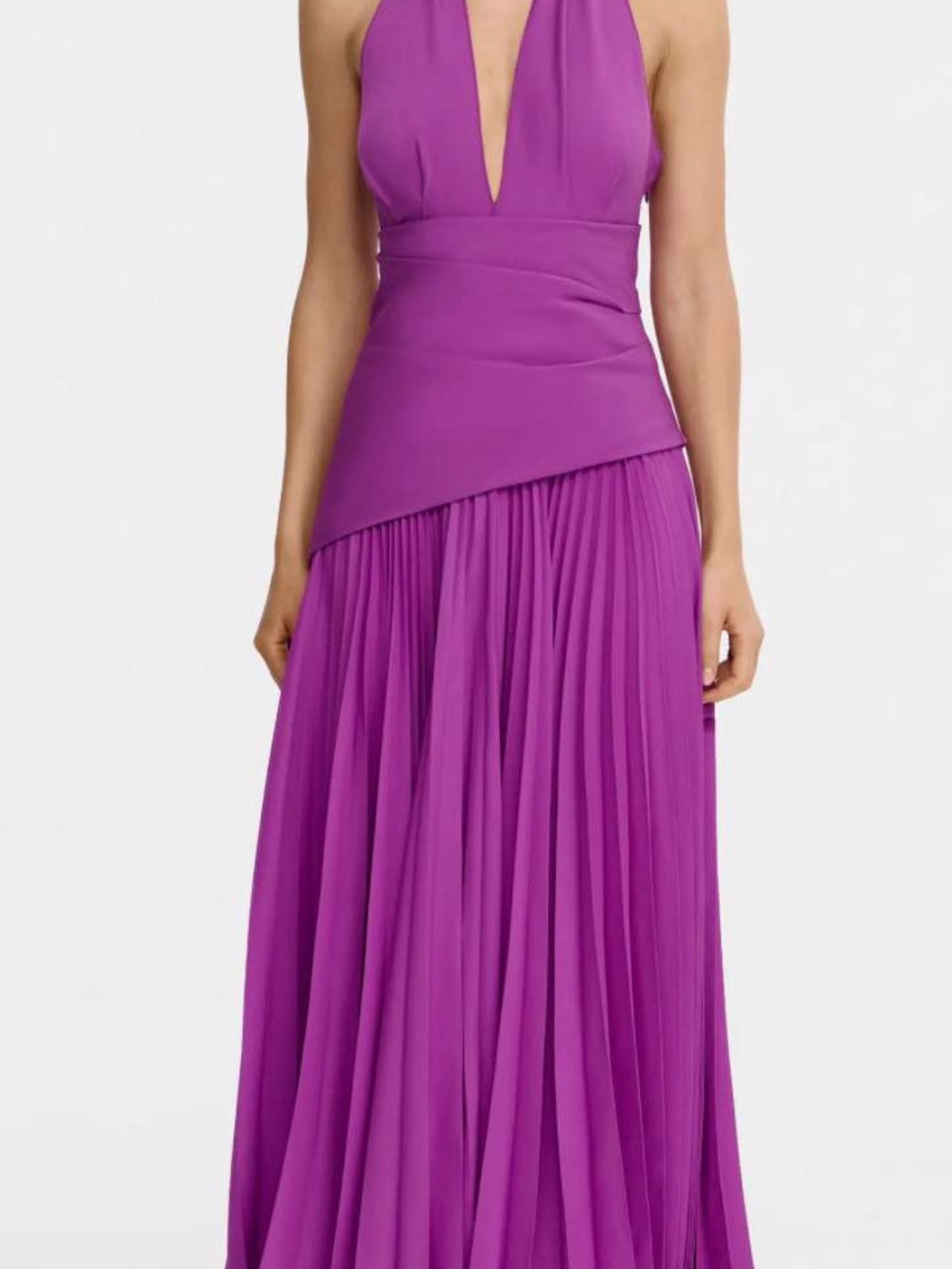 Acler Kerrison Plunge Halter Pleated Maxi Skirt in Vibrant Magenta